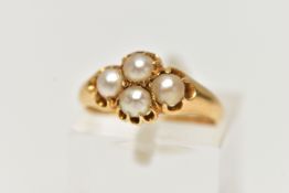 A MID VICTORIAN 18CT GOLD SPLIT PEARL RING, the four split pearls claw set in a quatrefoil design,