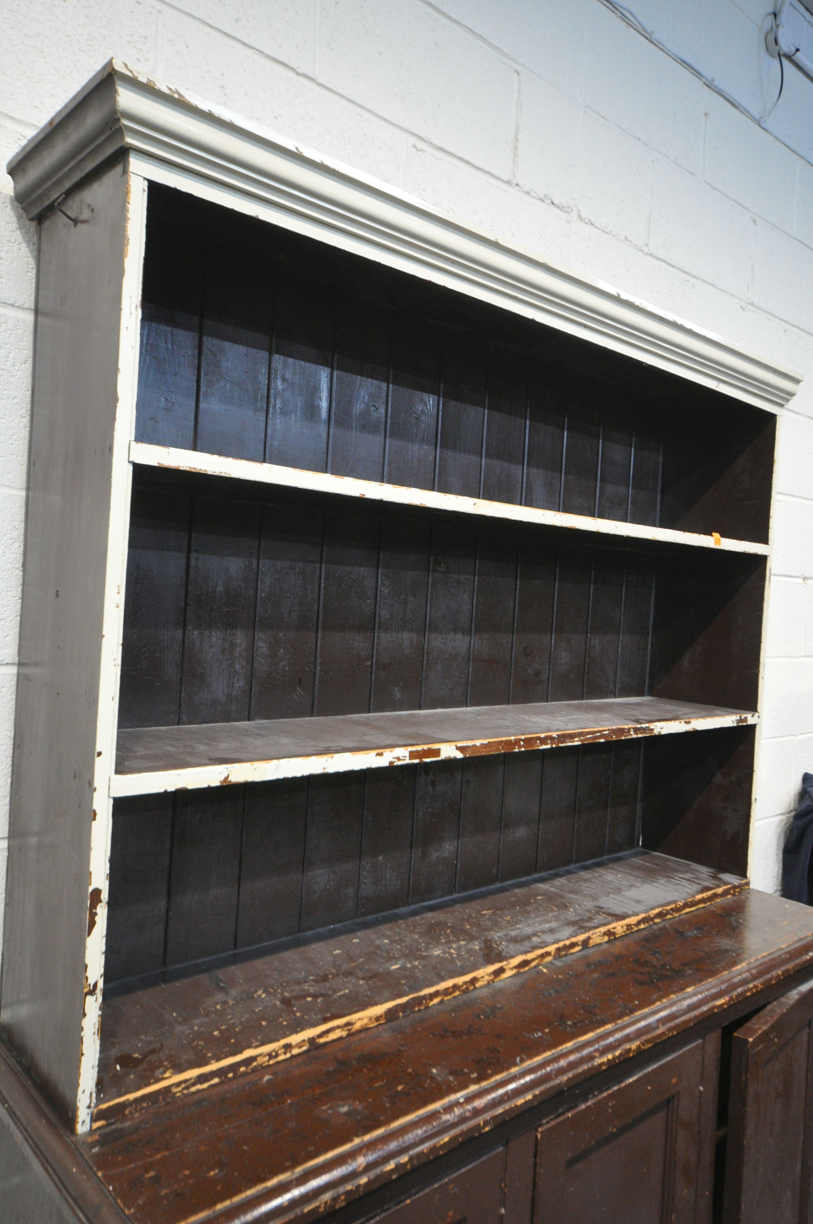 A 19TH CENTURY PAINTED PINE BOOKCASE, the open shelving top, above a base with triple panelled - Image 2 of 4