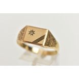 A GENTS 9CT GOLD DIAMOND SET SIGNET RING, of a rectangular form, with a star set single cut diamond,