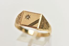 A GENTS 9CT GOLD DIAMOND SET SIGNET RING, of a rectangular form, with a star set single cut diamond,