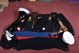 A BOX OF UNIFORMS AND HATS, to include a US Marine Corps Jacket, two modern USMC hats, a Royal