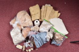 A LARGE QUANTITY OF ASSORTED DOLL AND BEAR REPAIR MATERIALS, antique, vintage and modern, fabric,