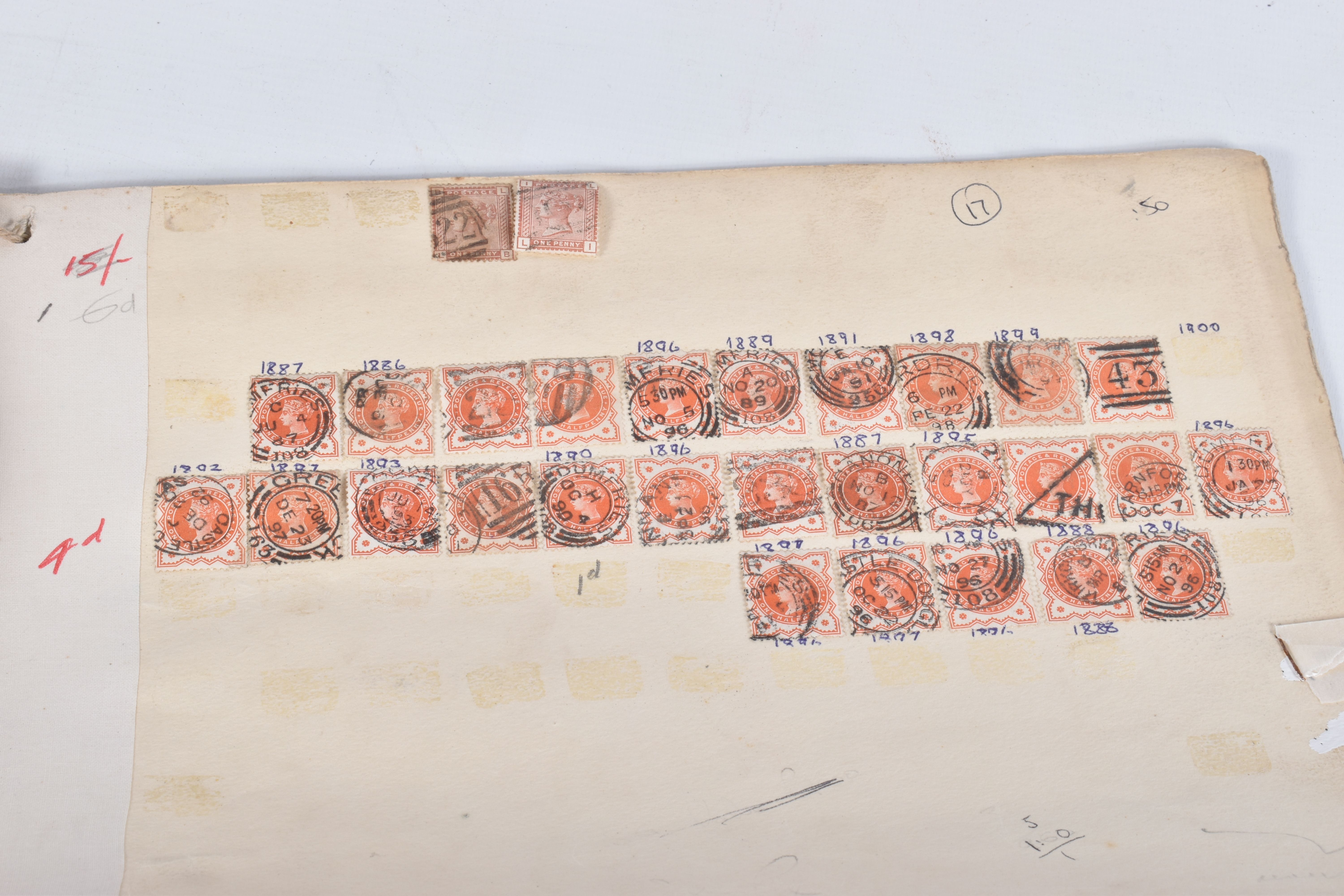 LARGE OLD FOLIO OF GB OLDER LOW VALUE USED STAMPS, main interest in approximately one hundred and - Image 6 of 9