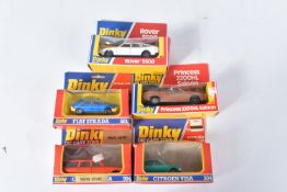 FIVE BOXED LATER ISSUE DINKY TOYS CARS, Volvo 265DL Estate, No.122 (Italian made model), Austin