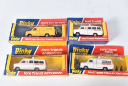 FOUR BOXED LATER ISSUE DINKY TOYS FORD TRANSIT VANS, all are type 3 casting except No.276 (type