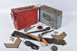 TWO AMMUNITION BOXES AND A QUANTITY OF ASSORTED ITEMS, to include a belt, three compasses, a rifle