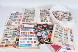 BOX OF STAMPS INCCLUDING WELL FILLED ALBUM OF WORLDWIDE 1930s TO 1950s COLLECTION