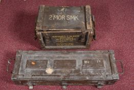 TWO AMMUNITION BOXES, the square one was used to carry eighteen bombs and two mortars, this is SMK