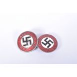 TWO NAZI GERMANY NSDAP MEMBERSHIP BADGES, one has a pin back and GES GESCH, the second badge is a