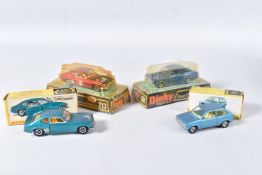 FOUR BOXED DINKY TOYS FORD CAR MODELS, Capri, No.165, metallic turquoise with Speedwheels, Escort,