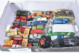 A QUANTITY OF UNBOXED AND ASSORTED PLAYWORN DIECAST AND PLASTIC VEHICLES, to include Dinky Toys