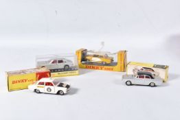 FOUR BOXED DINKY TOYS FORD CAR MODELS, Mk1. Cortina, No.133 metallic gold and white, Kiv Zodiac,