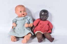 TWO COMPOSITION HEAD DOLLS, both marked FO to nape of neck, one with painted eyes, open mouth,