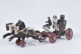 A CAST IRON HORSE DRAWN FIRE ENGINE, not marked but in the style of Hubley, has been repainted/