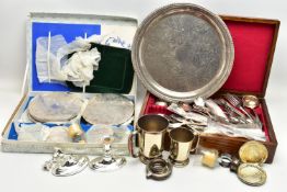 TWO SILVER NAPKIN RINGS AND BOX OF ASSORTED ITEMS, a pair of concave napkin rings with beading