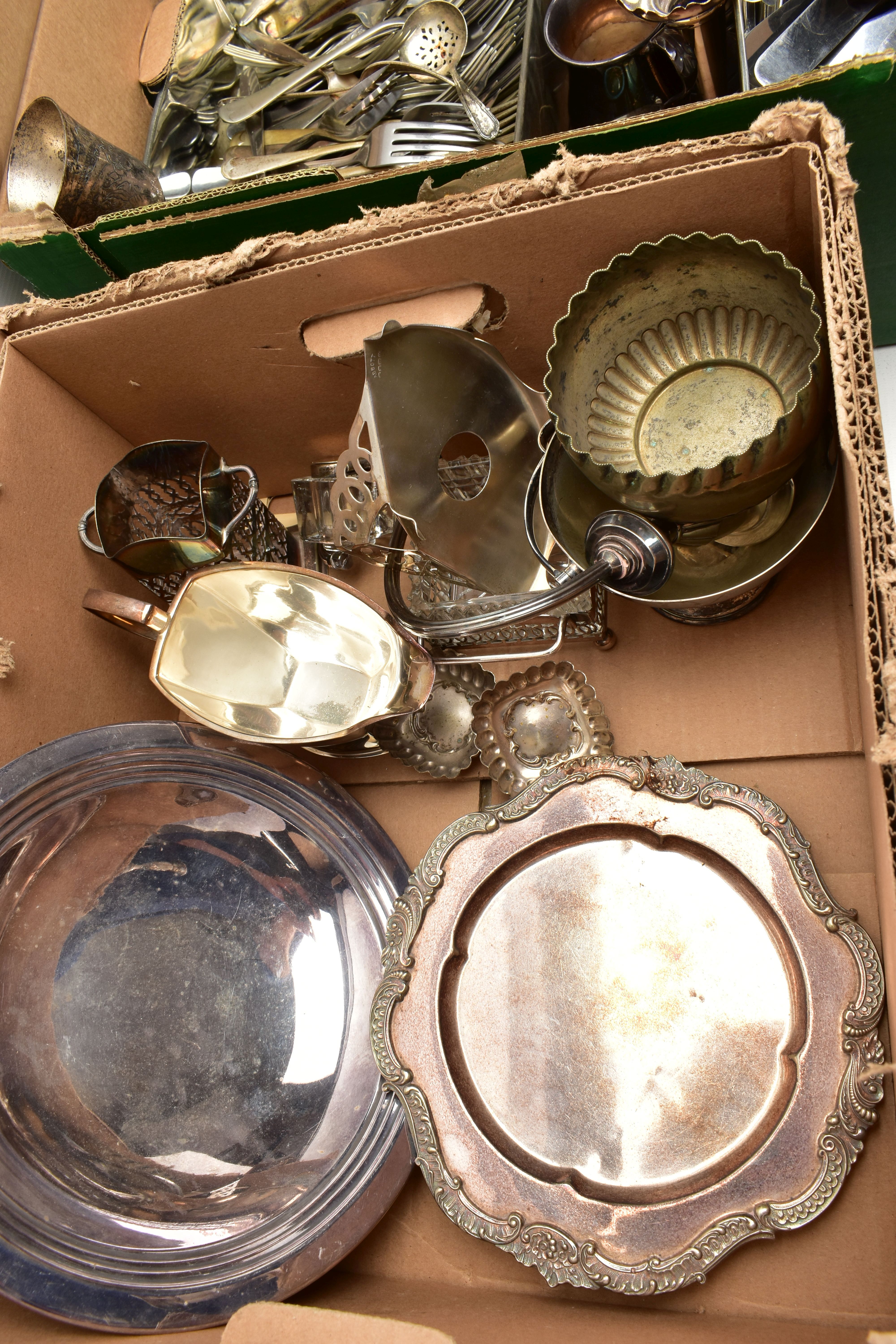 TWO BOXES OF ASSORTED WHITE METAL WARE, to include a silver-plated three branch candlestick with - Image 3 of 6