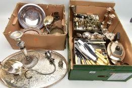 TWO BOXES OF ASSORTED WHITE METAL WARE, to include a silver-plated three branch candlestick with