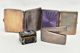 THREE SILVER CIGARETTE / CARD CASES AND AN ENAMELLED PILL BOX, comprising a George V cigarette