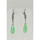 A PAIR OF WHITE METAL JADE DROP EARRINGS, each earring designed with a polished tear drop jade,
