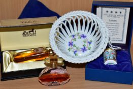 A HEREND PORCELAIN BASKET, A HALCYON DAYS ENAMEL BOX, AND TWO PERFUME BOTTLES, comprising a Herend