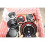 A TRAY CONTAINING FIVE CARL ZEISS JENA LENSES comprising of Flektogon 50mm f4 in case, 35mm f2.4,