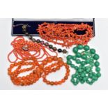 FOUR SEMI-PRECIOUS BEAD NECKLACES AND TWO BRACELETS, to include a graduated carnelian bead necklace,