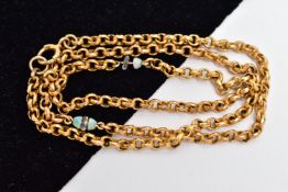 A YELLOW METAL BELCHER CHAIN, faceted circular links, also fitted with three small opal domes (one