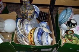 THREE BOXES OF CERAMICS AND GLASSWARES, to include Royal Doulton Paramount Gold dinner wares, an Art
