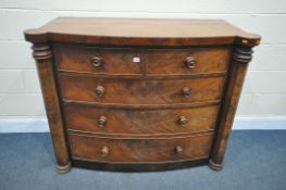 A VICTORIAN FLAME MAHOGANY CHEST OF TWO SHORT OVER THREE LONG DRAWERS, flanked by pillars, width