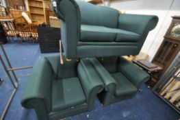 A GREEN UPHOLSTERED THREE PIECE LOUNGE SUITE, comprising a two seater settee, and a pair of