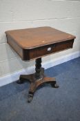 A REGENCY MAHOGANY PEDESTAL SOFA TABLE, with a single drawer, on a turned support, triform base