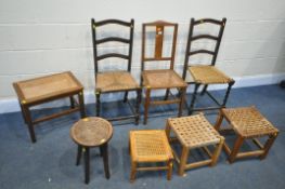 A SELECTION OF STOOLS AND CHAIRS, to include three chairs with either bergère or rush seats, four