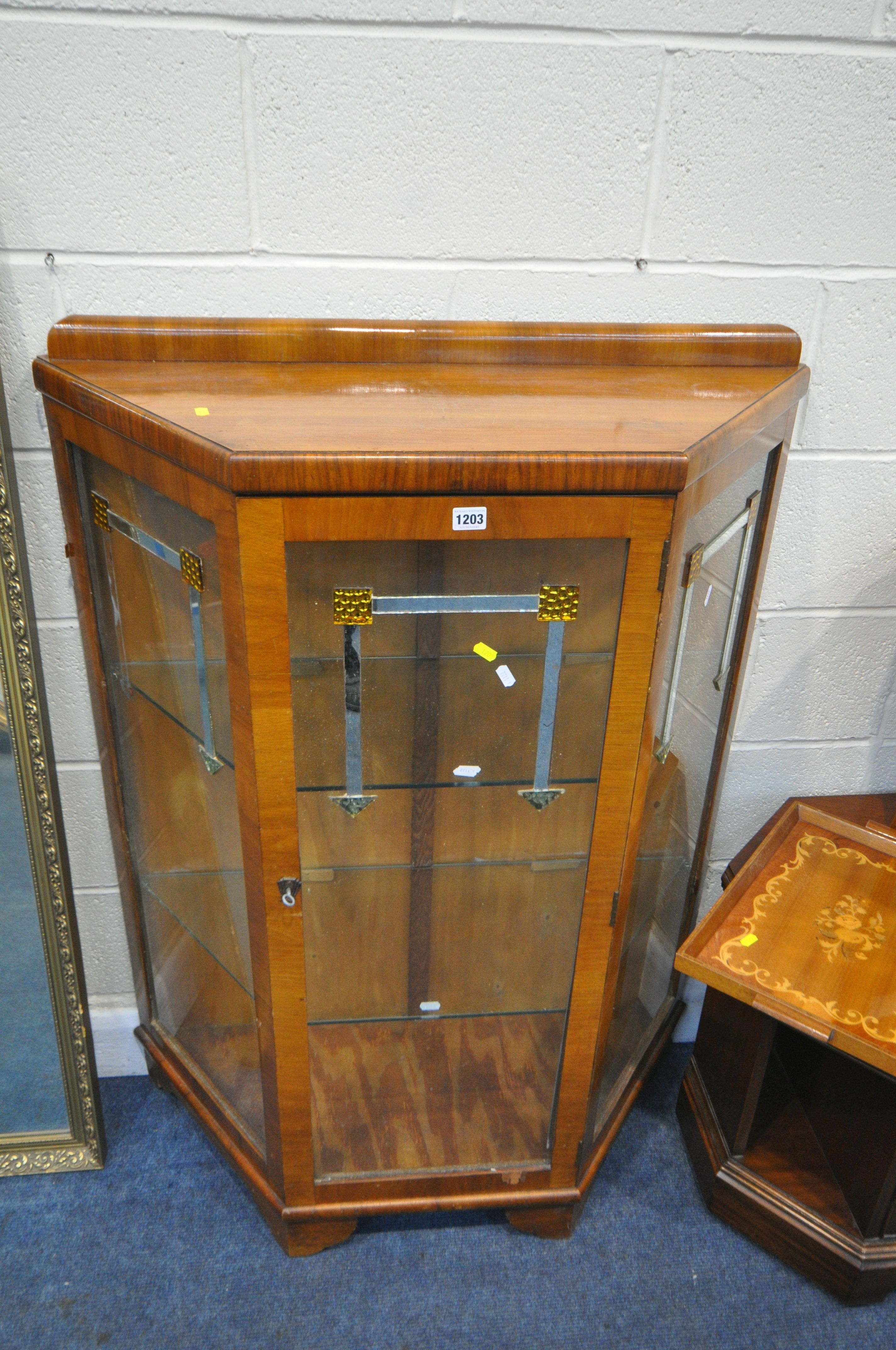 AN ART DECO SINGLE DOOR DISPLAY CABINET, with a raised back, two glass shelves, mirrored - Image 2 of 3