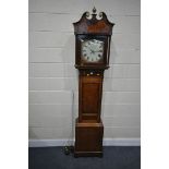 A GEORGE III MAHOGANY AND CROSSBANDED 30 HOUR LONGCASE CLOCK, the hood with a swan neck pediment and