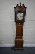 A GEORGE III MAHOGANY AND CROSSBANDED 30 HOUR LONGCASE CLOCK, the hood with a swan neck pediment and