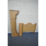 A PINE SINGLE BED STEAD, with side rails and slats (condition - one end distressed)