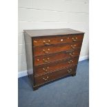 A GEORGIAN MAHOGANY AND CROSSBANDED CHEST OF FOUR LONG DRAWERS, with a brass swan neck handles, on