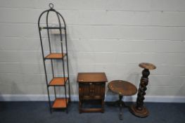 AN METAL SQUARE FOUR TIER STAND, with orange tile inserts, 31cm squared x height 179cm, an oak two