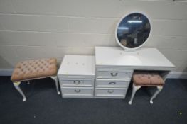 A WHITE THREE PIECE BEDROOM SUITE, comprising a dressing table with three drawers, length 97cm x