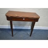 A GEORGIAN MAHOGANY TEA TABLE, with a fold over top, reeded edge, square tapered legs, open 91cm