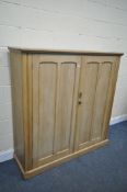 A 19TH CENTURY PITCH PINE PANELLED DOUBLE DOOR CUPBOARD, enclosing three fixed shelves, width