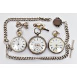 THREE LADYS POCKET WATCHES AND AN ALBERT CHAIN, three open face pocket watches, all with Swiss