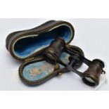 A CASED PAIR OF LATE 19TH / EARLY 20TH CENTURY OPERA GLASSES, the case lid with printed gilt
