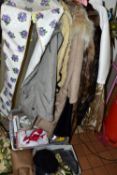 THREE BOXES OF VINTAGE CLOTHING AND THREE FUR JACKETS, comprising a 1960's Jekmoth wardrobe