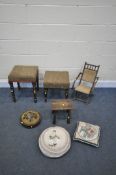 A SELECTION OF OCCASIONAL FURNITURE, to include two Victorian square stools, a folding Edwardian
