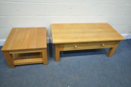 AN OAK COFFEE TABLE, with a single drawers, length 120cm x depth 60cm x height 48cm, and a similar