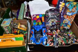 FOUR BOXES OF VINTAGE TOYS AND A COLLECTION OF VHS VIDEOS, comprising incomplete part of a Hasbro