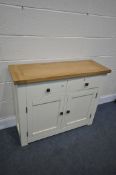 A LIGHT OAK AND PARTIALLY PAINTED SIDE TABLE, with two drawers, and double cupboard doors, width
