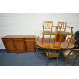 A YEW WOOD LOUNGE SUITE, comprising an oval twin pedestal dining table, with one additional leaf,