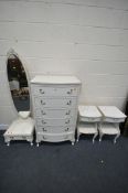 A CREAM FRENCH BEDROOM SUITE, comprising a chest of six drawers, width 71cm x depth 48cm x height